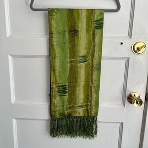 Green Silk Patterned Fringe Scarf